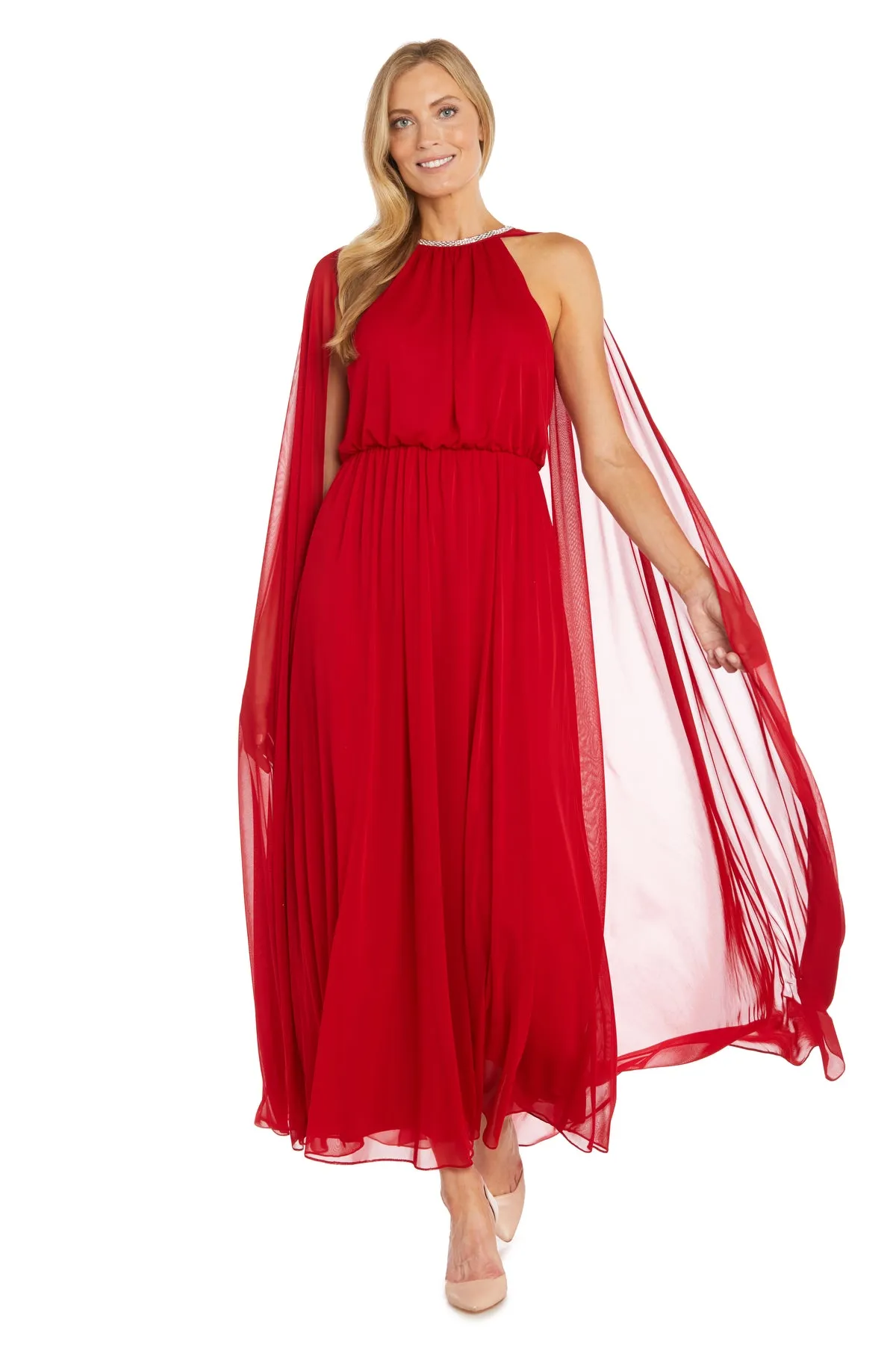 Elegant Chiffon Long Dress with Rhinestone-Trimmed Blouson Top and Dramatic Cape sold by R&M Richards