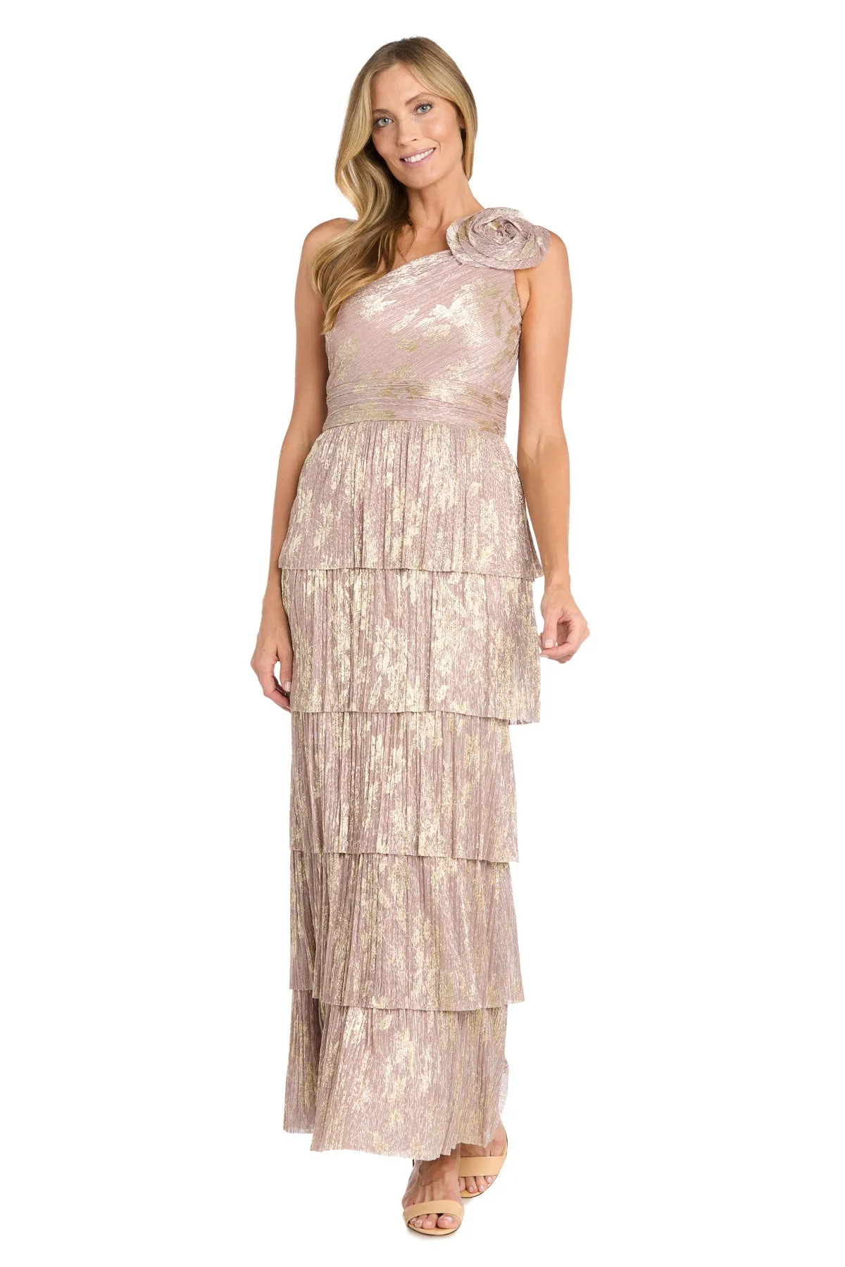 One-Shoulder Metallic Gown with Gold Floral Design and Five-Layered Skirt sold by R&M Richards product image thumbnail 4