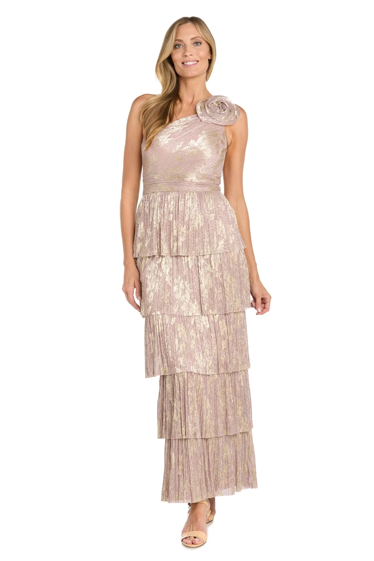 One-Shoulder Metallic Gown with Gold Floral Design and Five-Layered Skirt sold by R&M Richards