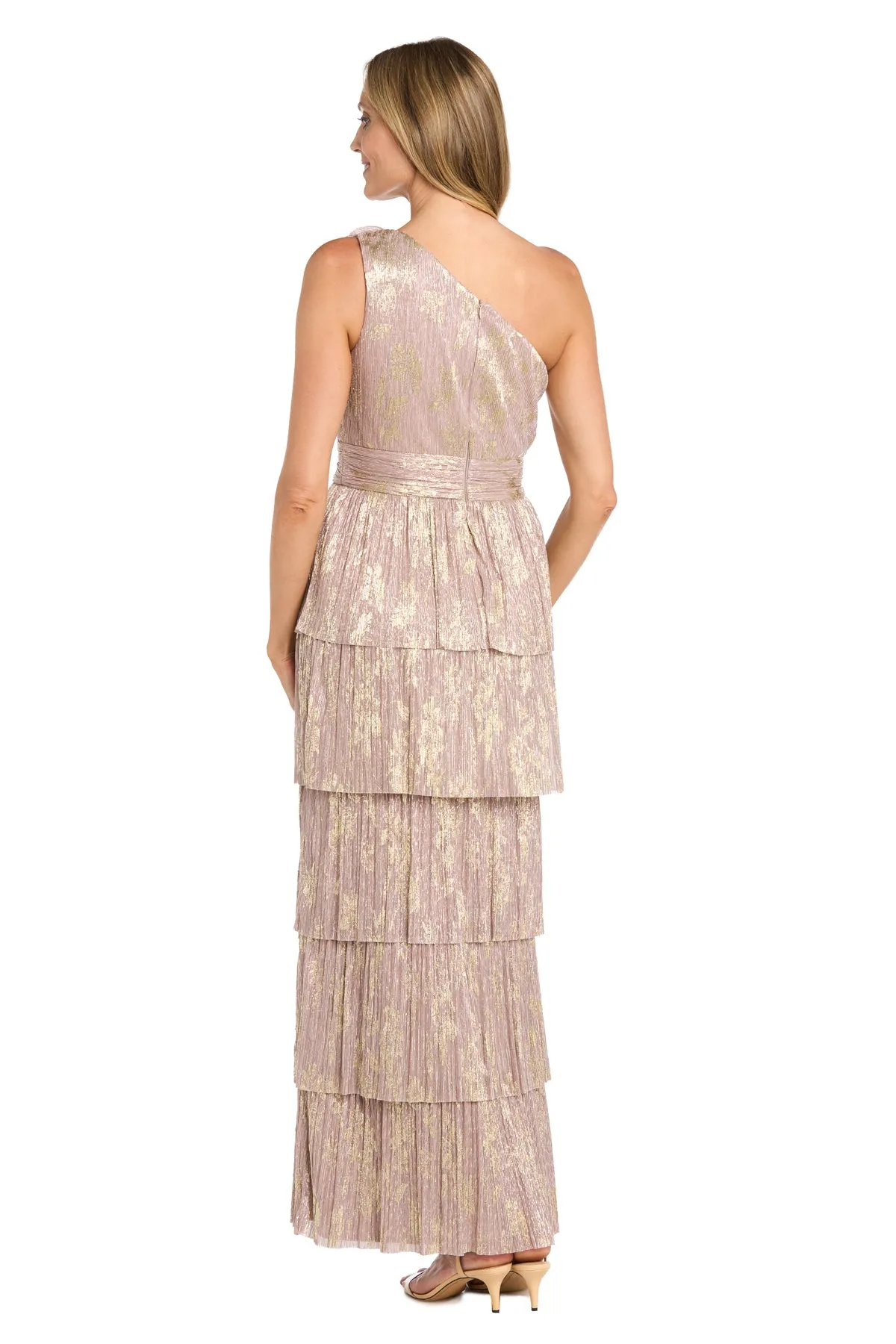One-Shoulder Metallic Gown with Gold Floral Design and Five-Layered Skirt sold by R&M Richards product image thumbnail 2