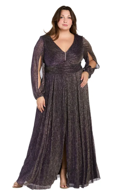 Elegant Metallic Long Dress with Rhinestone Detail and V-Neckline - Plus sold by R&M Richards