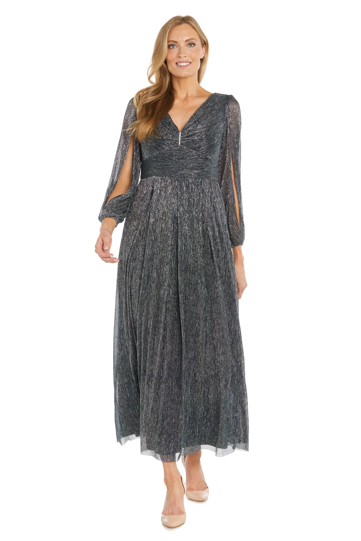 Elegant Metallic Long Dress with Rhinestone Detail and V-Neckline sold by R&M Richards product image thumbnail 5
