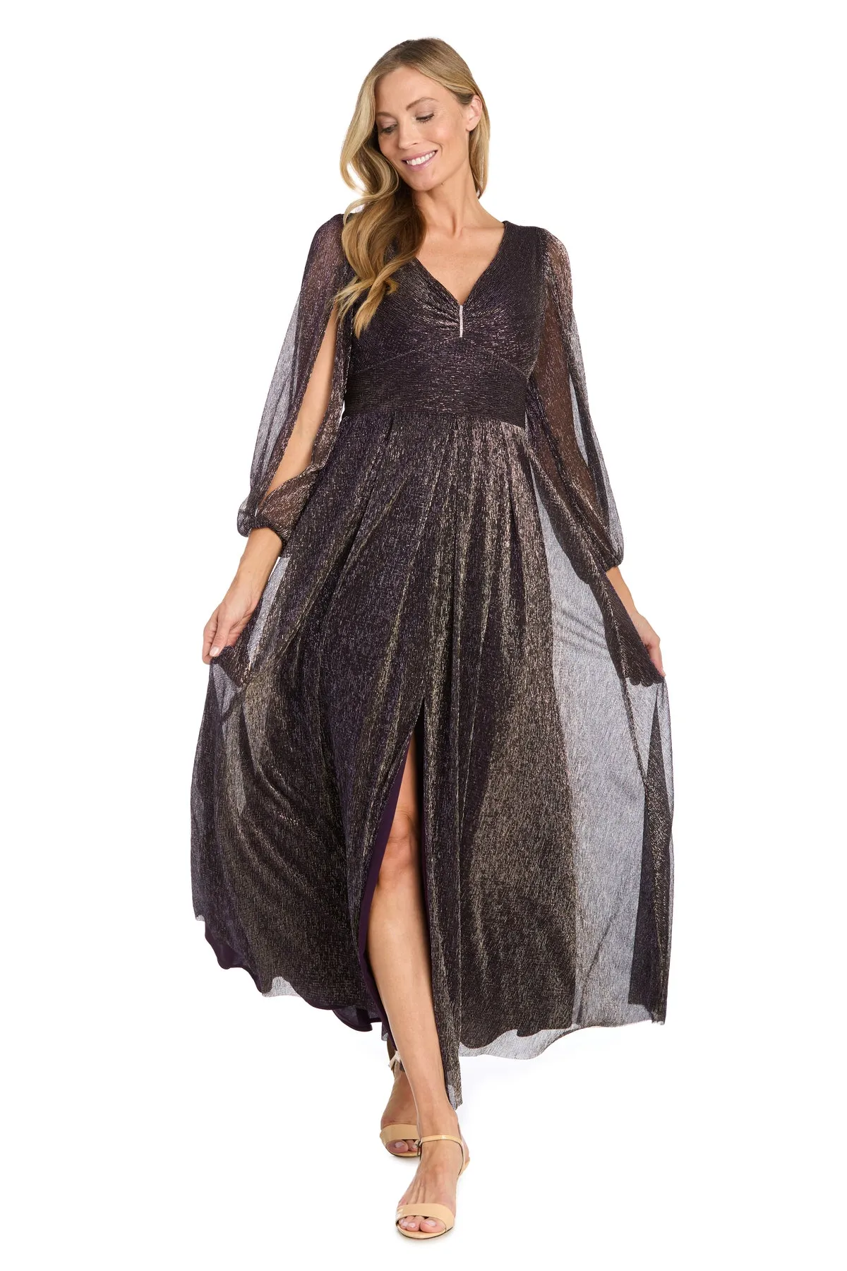 Elegant Metallic Long Dress with Rhinestone Detail and V-Neckline sold by R&M Richards