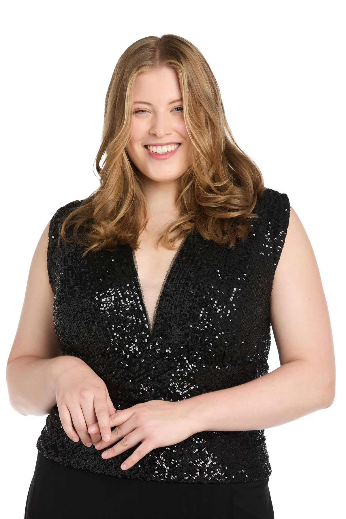 Black Sequin Evening Gown with V-Neckline and Jersey Knit Skirt - Plus sold by R&M Richards product image thumbnail 3