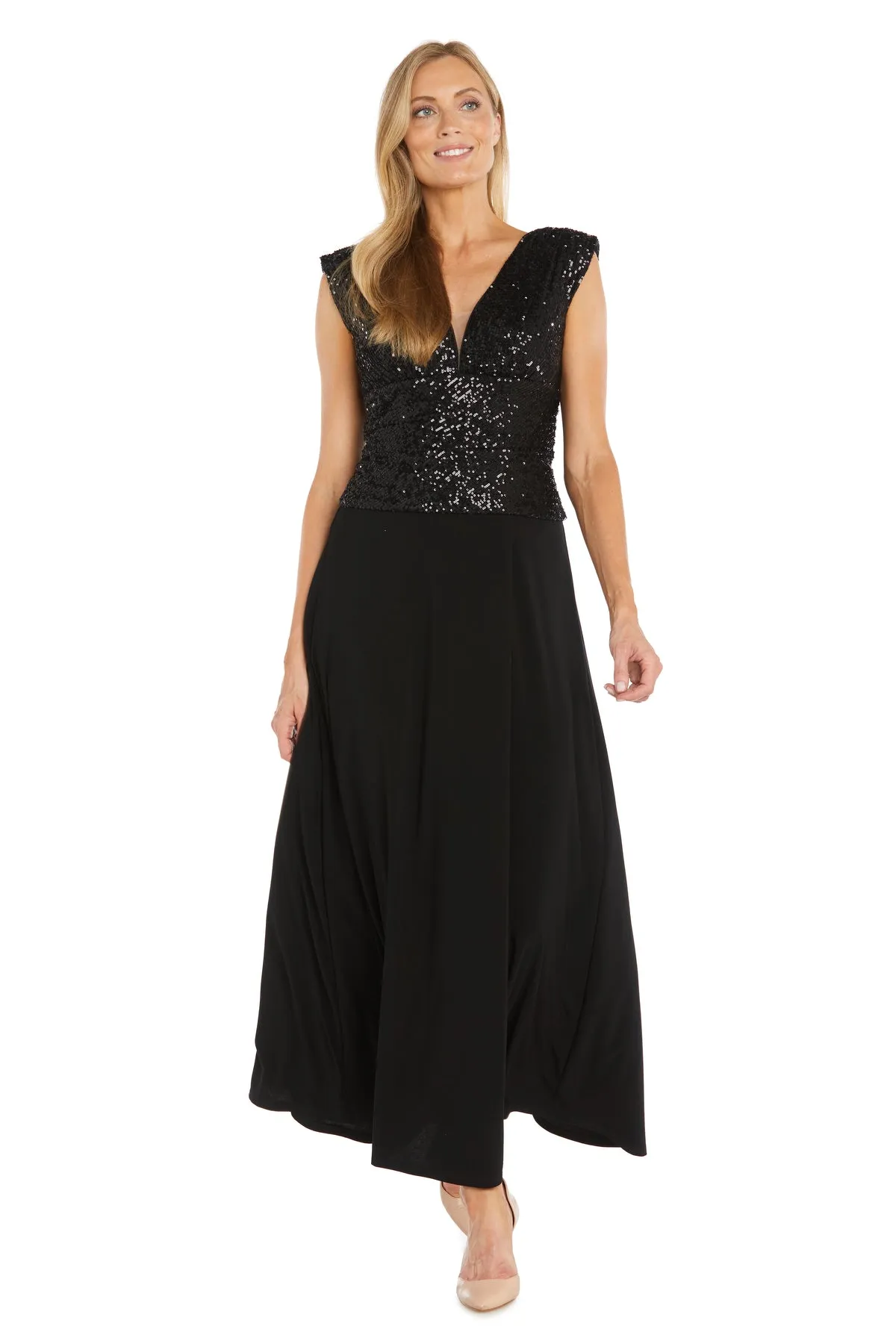 Black Sequin Evening Gown with V-Neckline and Jersey Knit Skirt sold by R&M Richards