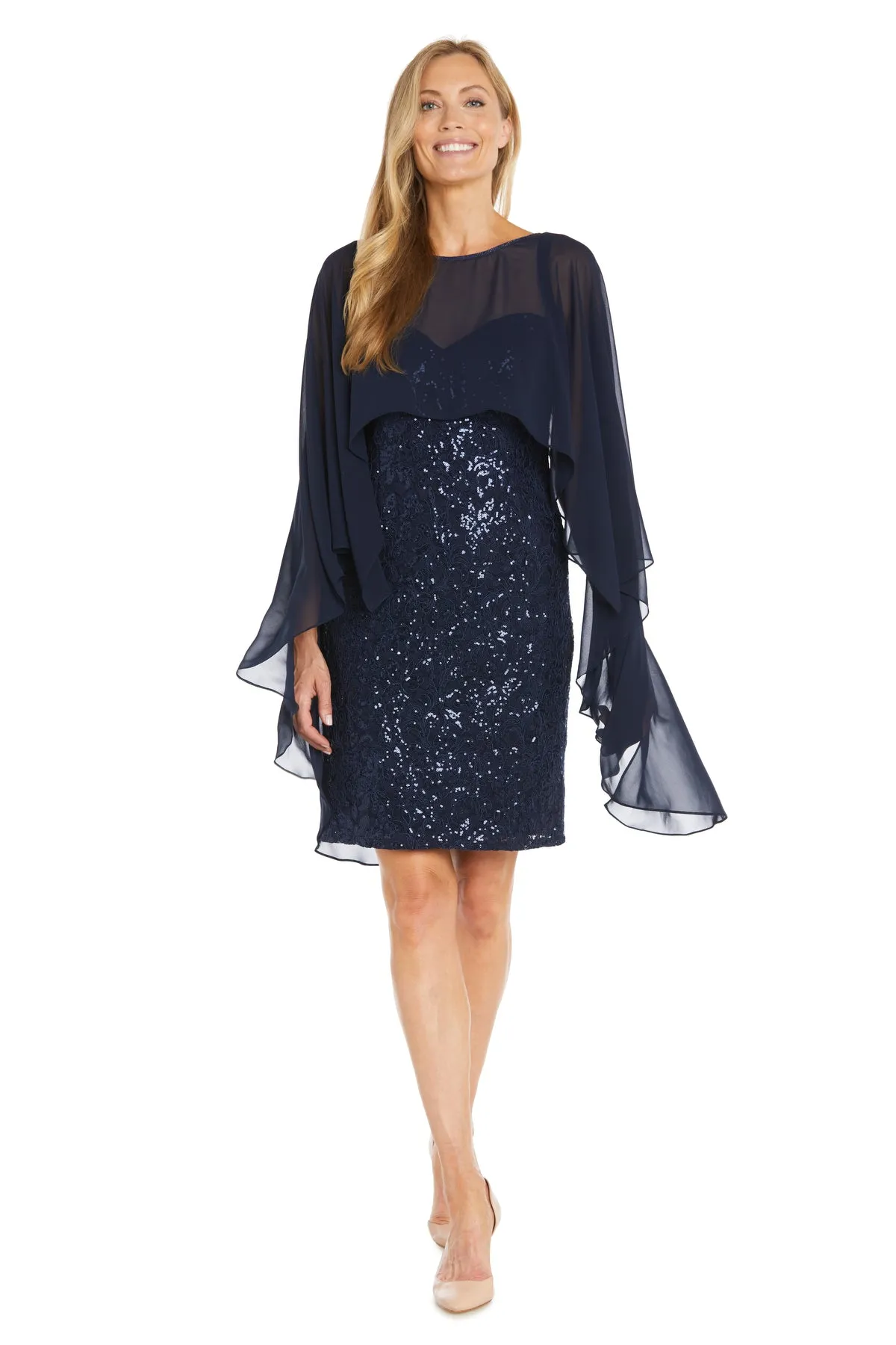 Sequin Cocktail Dress with Sheer Chiffon Cape sold by R&M Richards