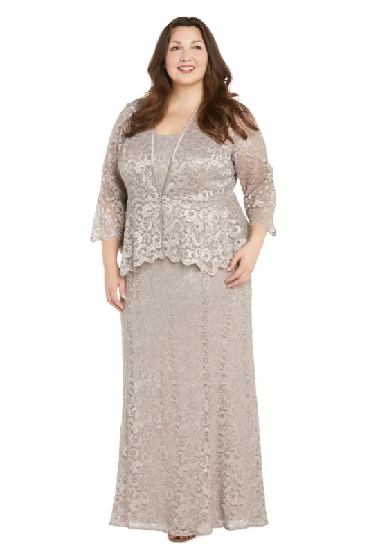 Long Glitter Lace Dress Matched with an Overlay Jacket and Rhinestone Buckle - Plus sold by R&M Richards
