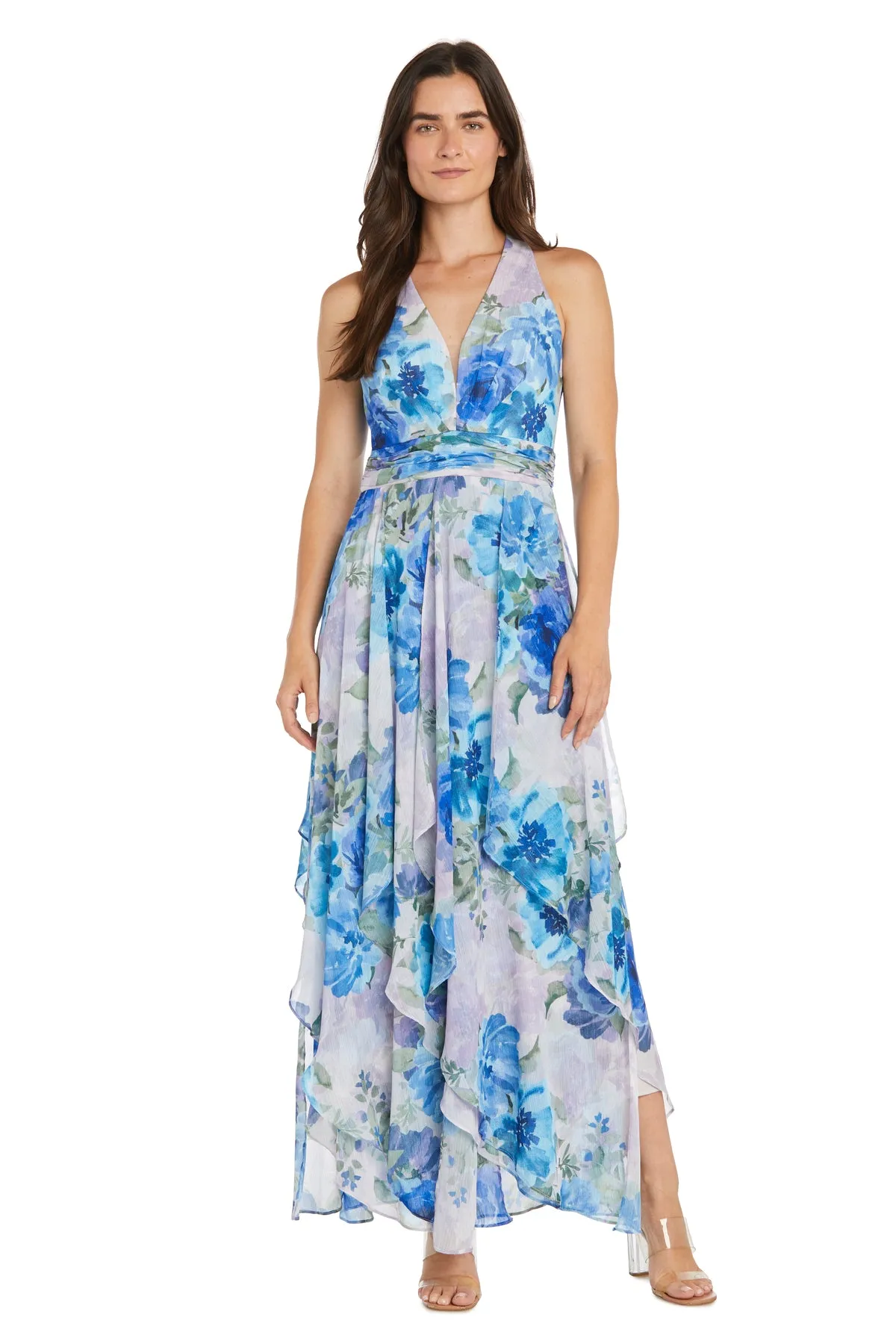 Flowy Chiffon Maxi Dress with Blue and Lavender Floral Print and Ruffled Tiered Skirt sold by R&M Richards