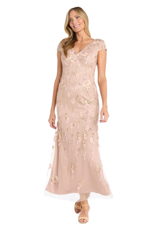 Formal Fitted Long Dress with Short Sleeves and Embroidered Mini Flower Pattern made by R&M Richards