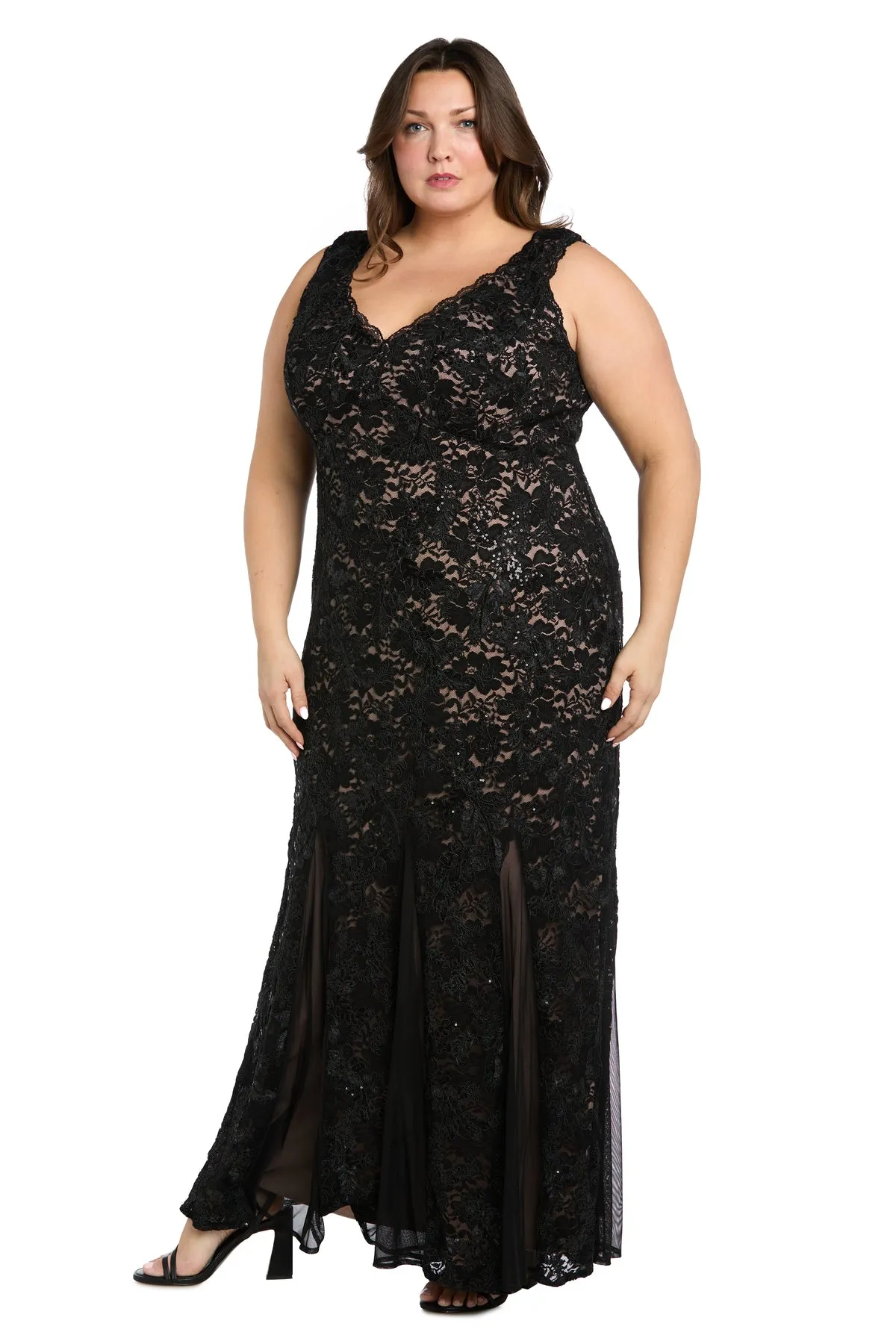 Long Sequined Lace Gown With Godet Skirt Inserts - Plus sold by R&M Richards product image thumbnail 3