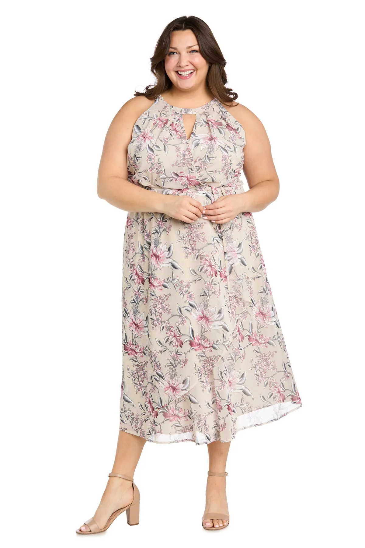 Floral Chiffon Midi Dress with Keyhole Halter Neck - Plus sold by R&M Richards