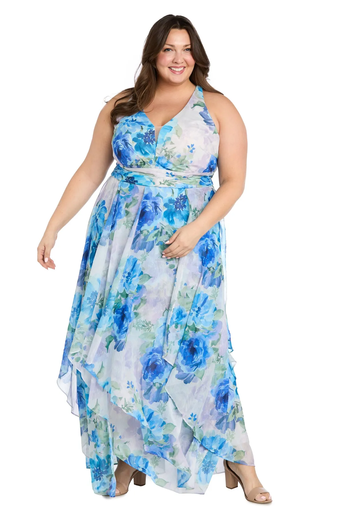 Flowy Chiffon Maxi Dress with Blue and Lavender Floral Print and Ruffled Tiered Skirt - Plus sold by R&M Richards