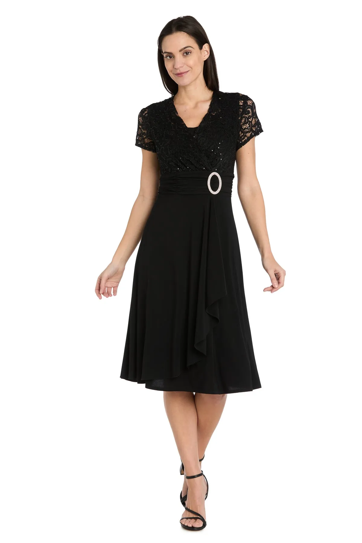 Faux Wrap Dress with Waist Embellishment and Lace Top sold by R&M Richards