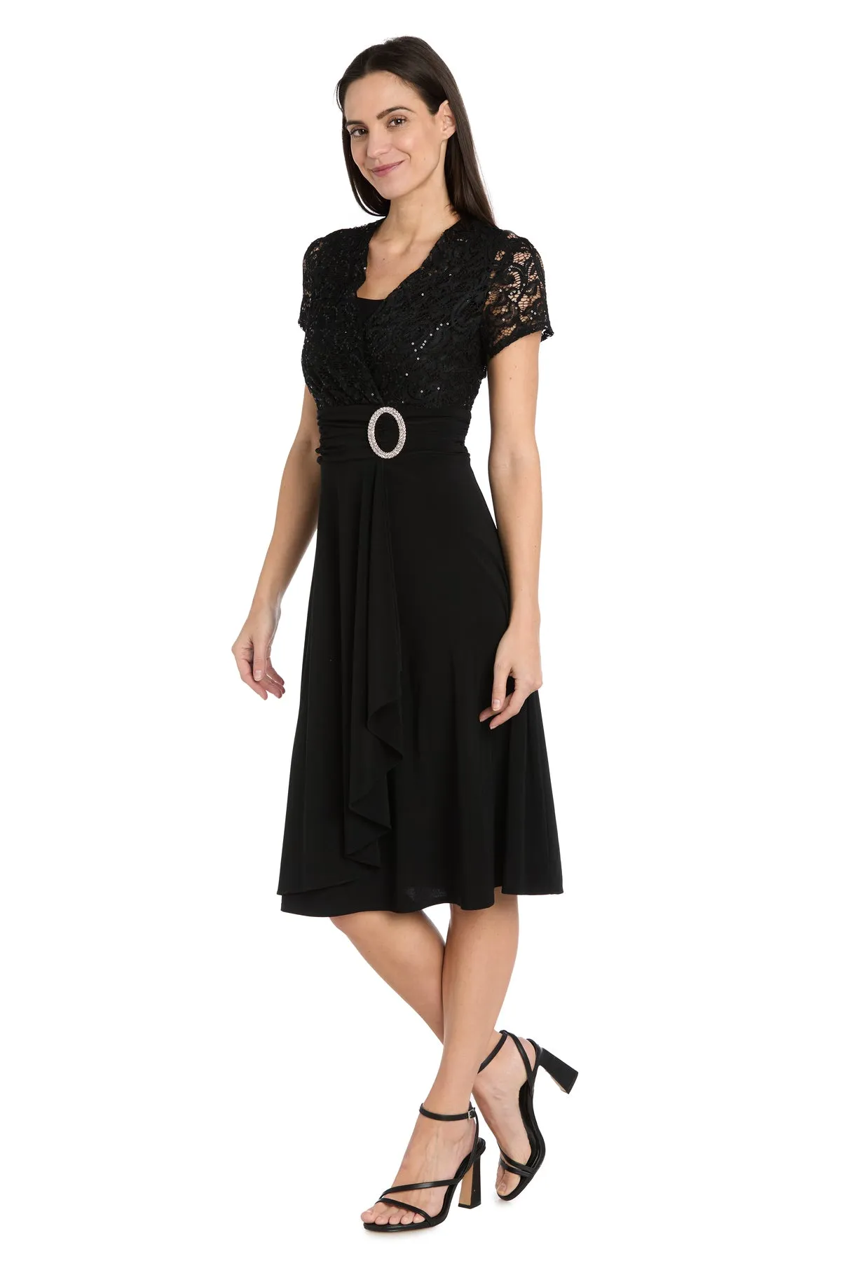 Faux Wrap Dress with Waist Embellishment and Lace Top sold by R&M Richards product image thumbnail 4