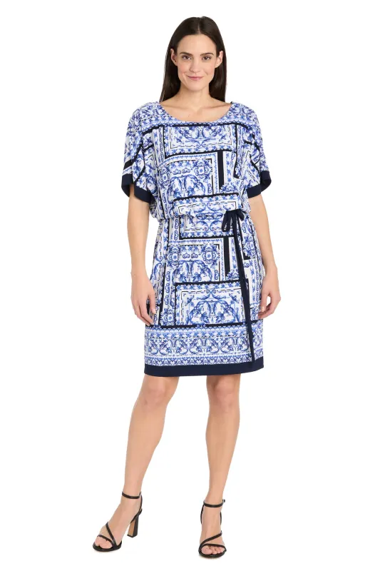 Intricate Blue and White Patterned Wrap Dress with Waist Tie sold by R&M Richards