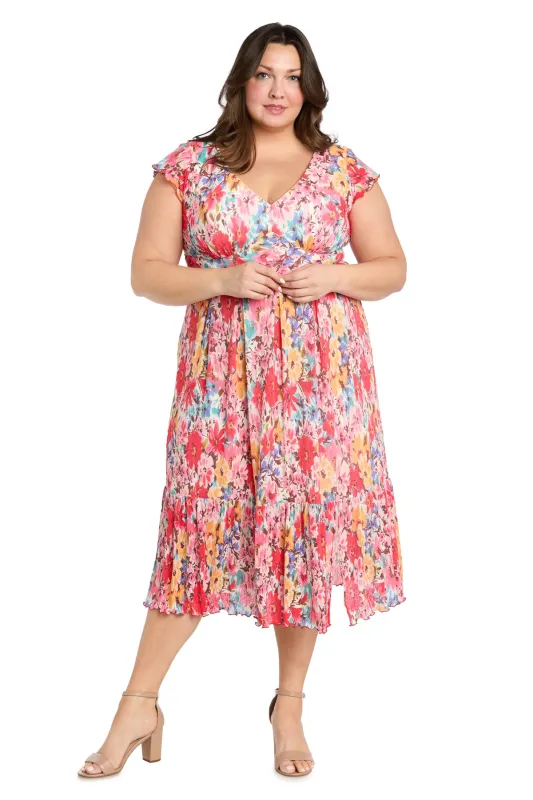 Coral Floral Midi Dress with V-Neckline and Ruffled Sleeveless Straps - Plus sold by R&M Richards