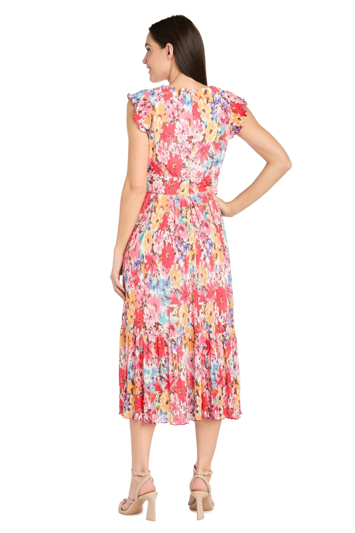 Coral Floral Midi Dress with V-Neckline and Ruffled Sleeveless Straps - Petite sold by R&M Richards product image thumbnail 2