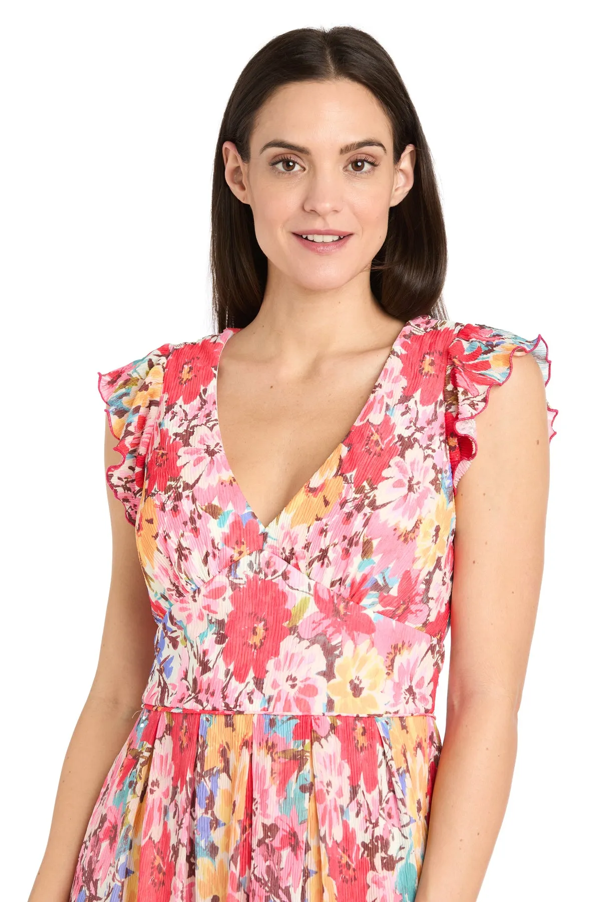 Coral Floral Midi Dress with V-Neckline and Ruffled Sleeveless Straps - Petite sold by R&M Richards product image thumbnail 3
