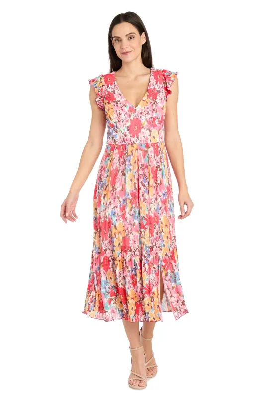 Coral Floral Midi Dress with V-Neckline and Ruffled Sleeveless Straps sold by R&M Richards