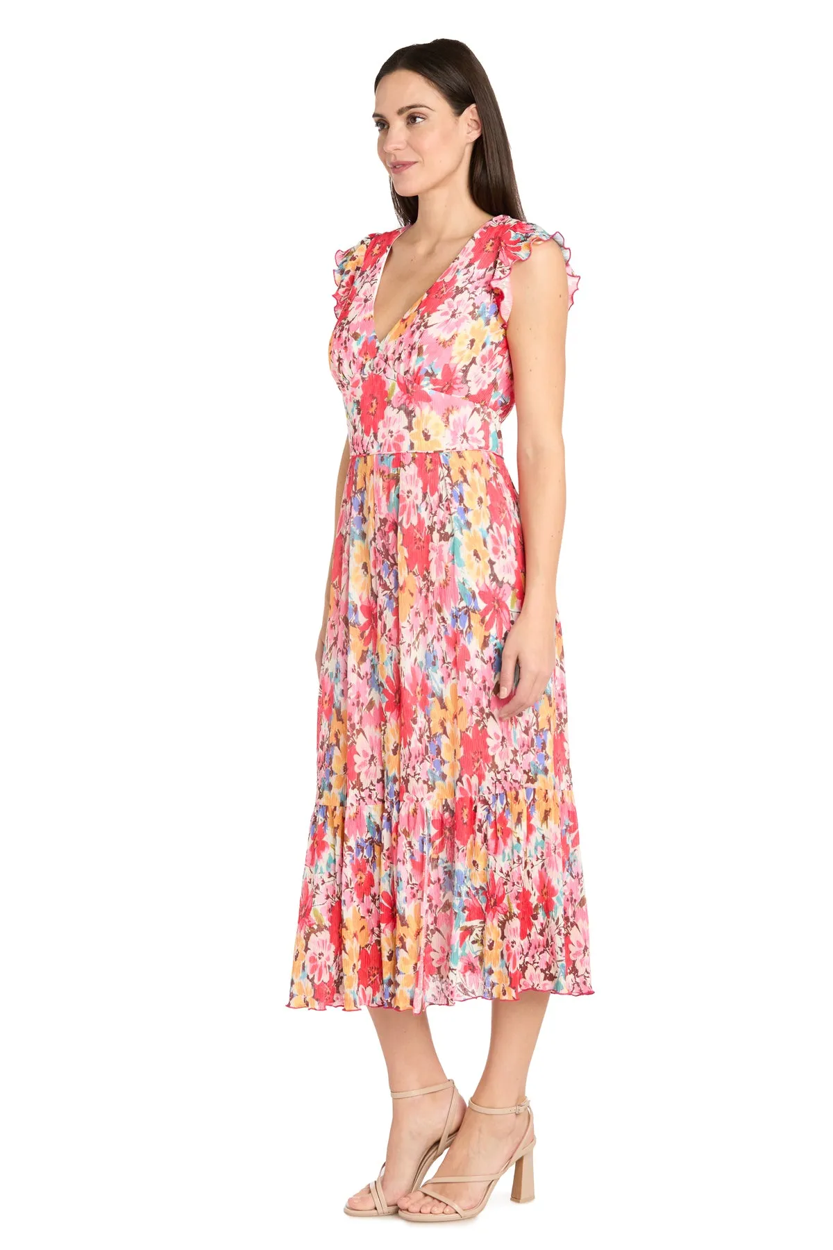 Coral Floral Midi Dress with V-Neckline and Ruffled Sleeveless Straps sold by R&M Richards product image thumbnail 4