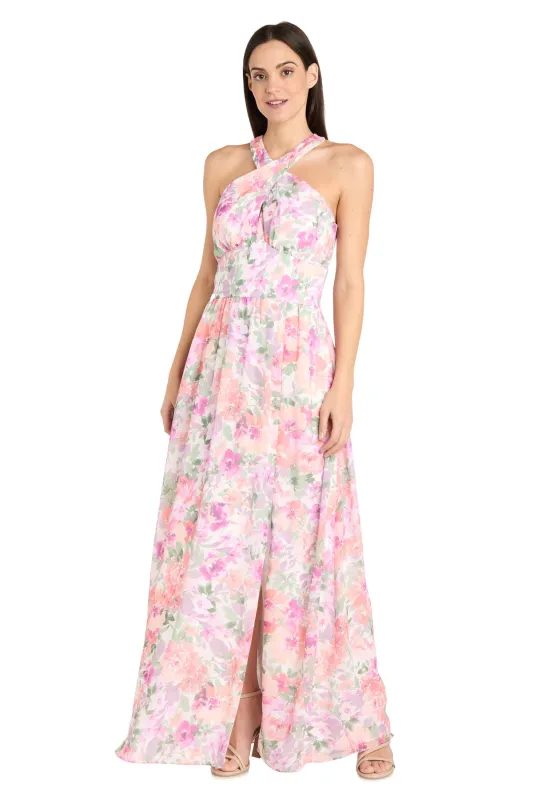 Ivory Blossom Cross Neckline Halter Dress with Panel Waistband - Petite sold by R&M Richards