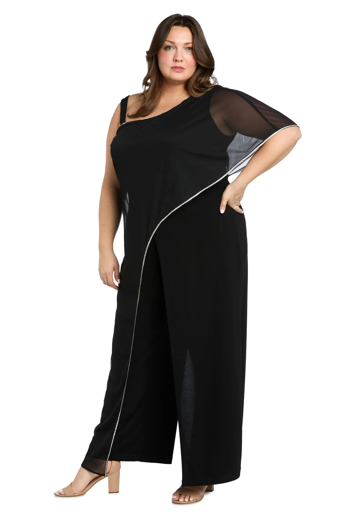 Asymmetrical Sheer Caplet Jumpsuit with Rhinestone Trim sold by R&M Richards product image thumbnail 4