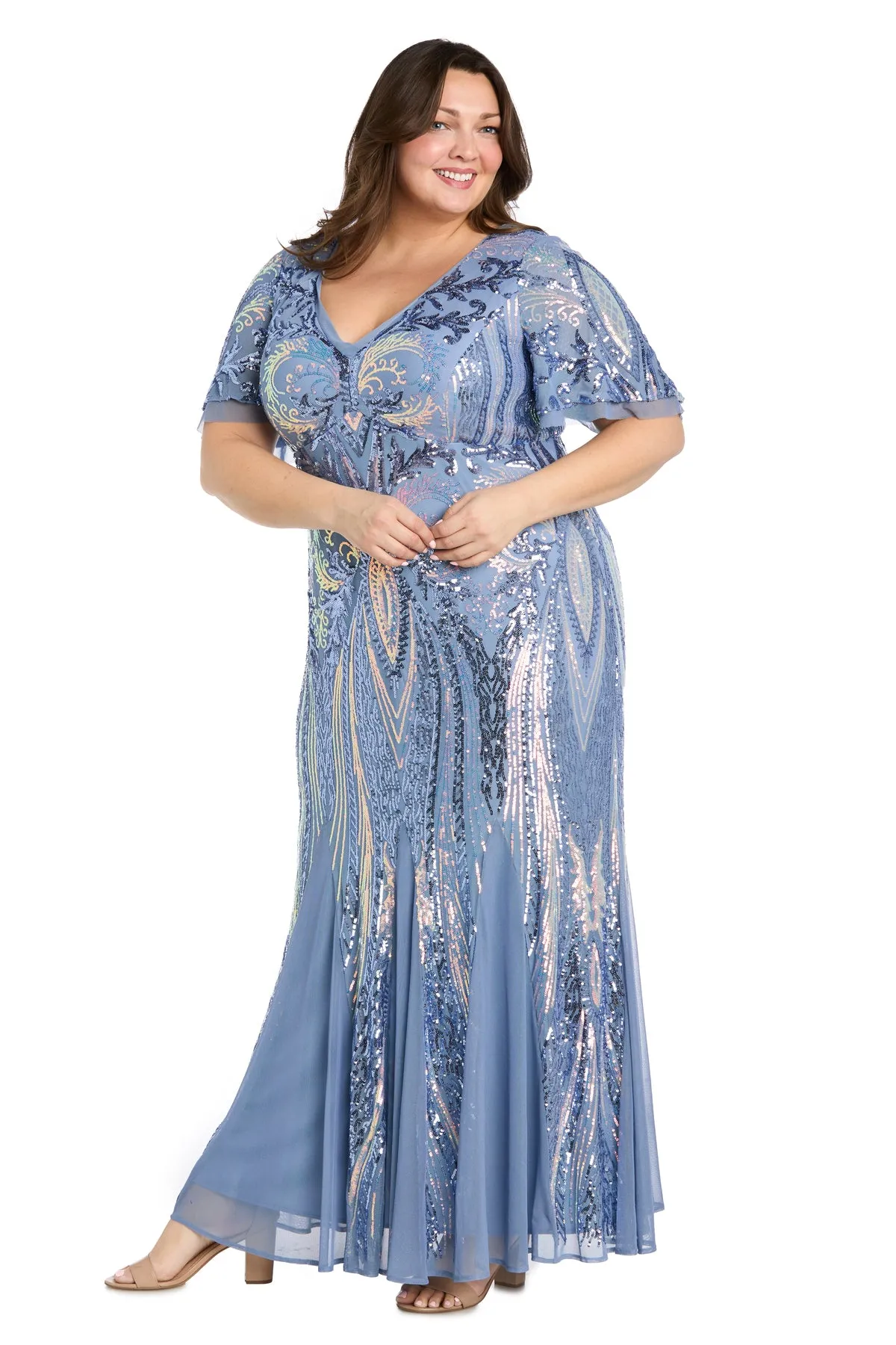 Flowy Sequin Gown with Elegant Flutter Sleeves - Plus sold by R&M Richards product image thumbnail 4