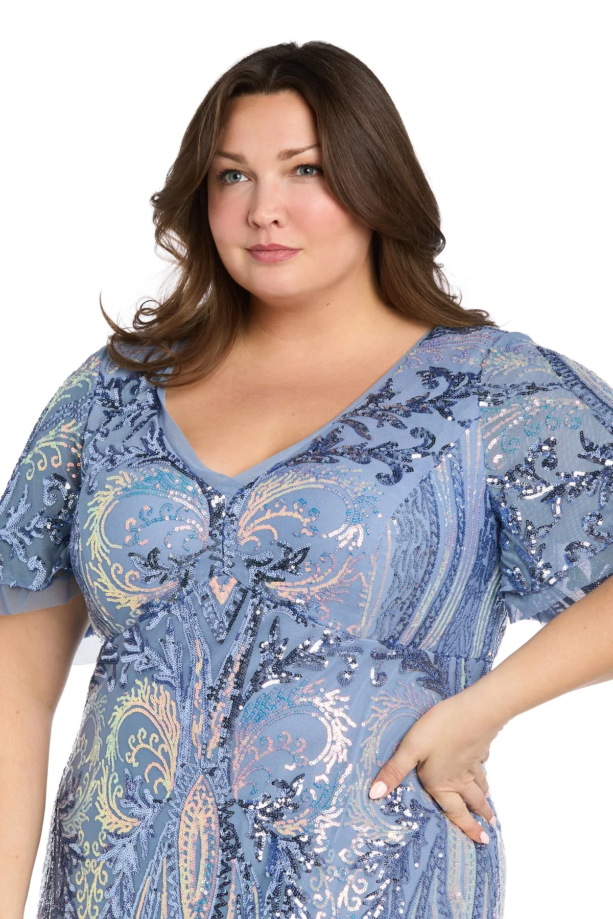 Flowy Sequin Gown with Elegant Flutter Sleeves - Plus sold by R&M Richards product image thumbnail 3