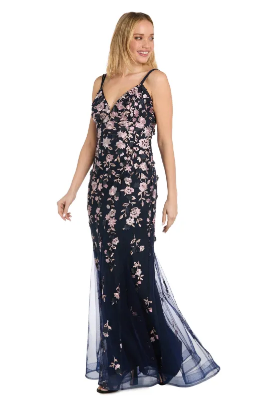 Floral Embroidered Mesh Cascading Gown with Low V-Neck and Open Back sold by R&M Richards