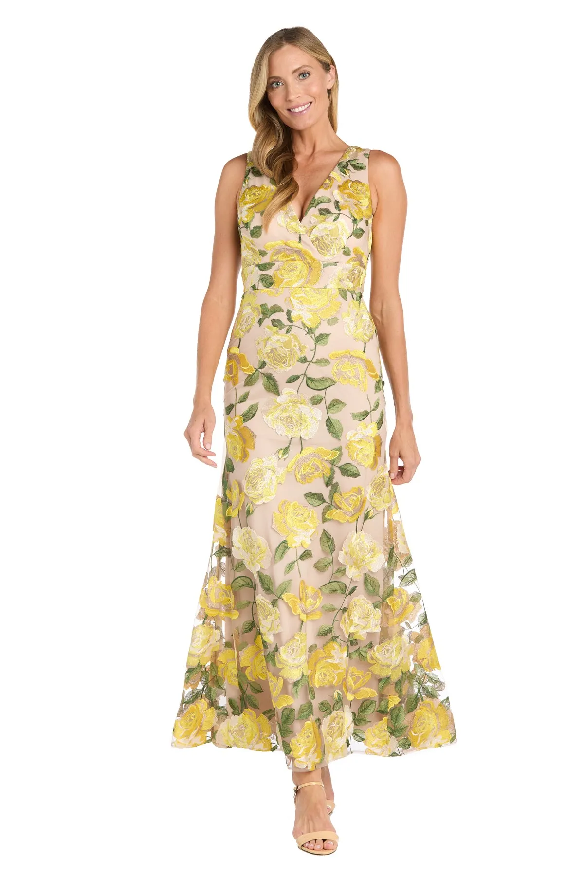 Embroidered Floral Yellow Long Dress with V-Neckline and Godet Skirt sold by R&M Richards