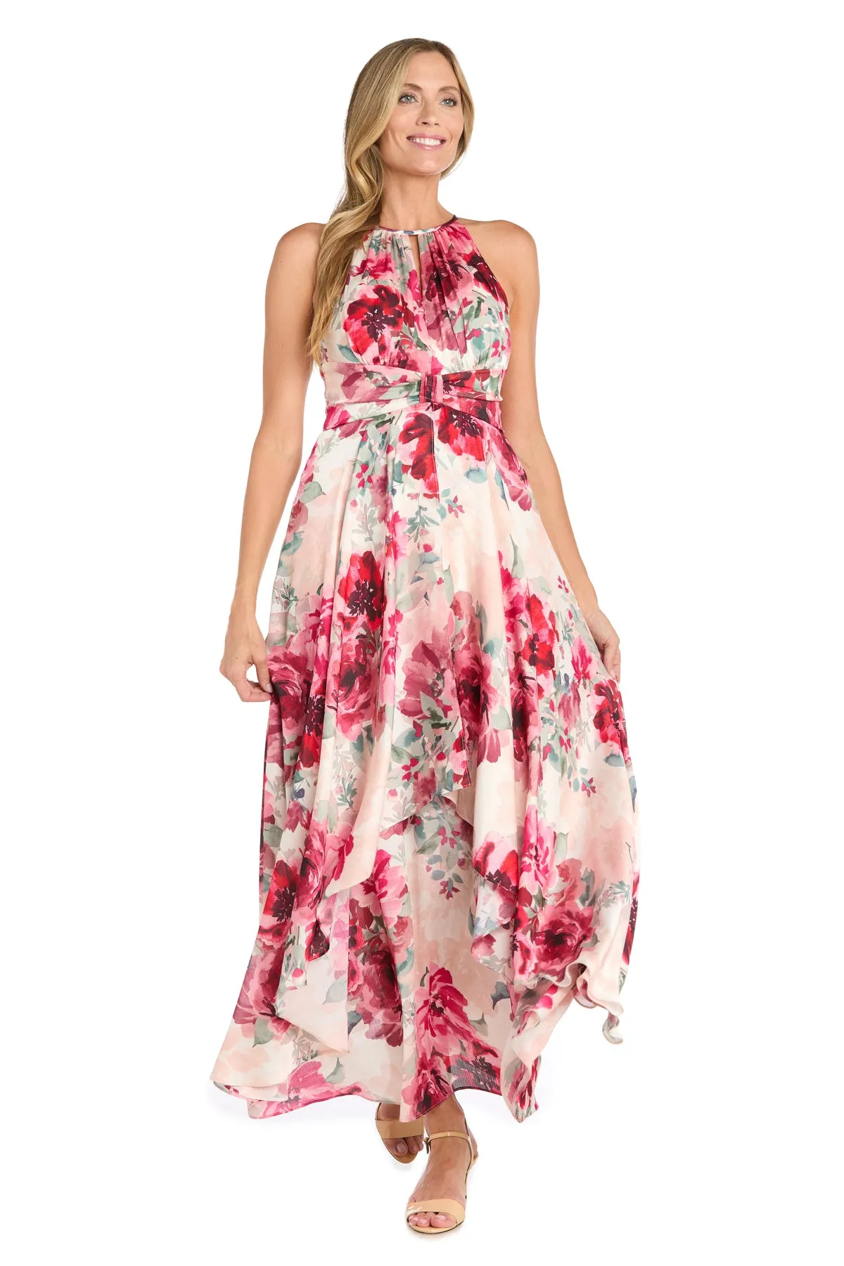 Flowy Chiffon Maxi Dress with Rose Print and Tiered Skirt sold by R&M Richards