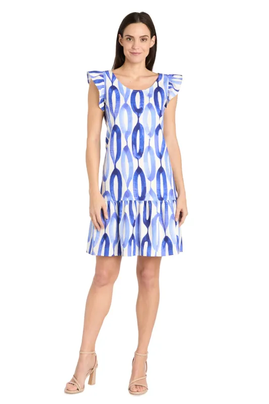 Blue and White Oval Pattern Short Dress with Ruffled Sleeves sold by R&M Richards