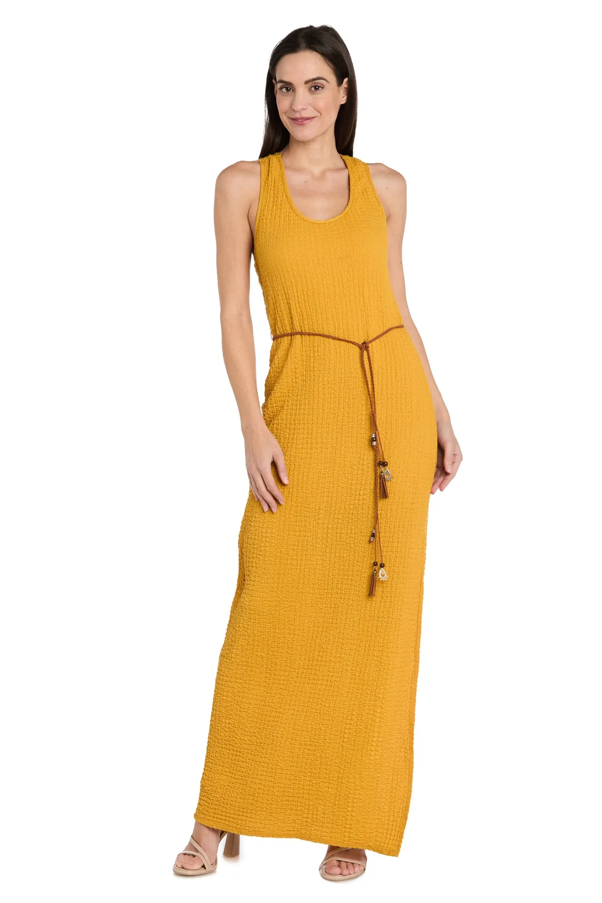 Stretchy Woven Long Dress with Braided Leather Belt and Beaded Charms sold by R&M Richards