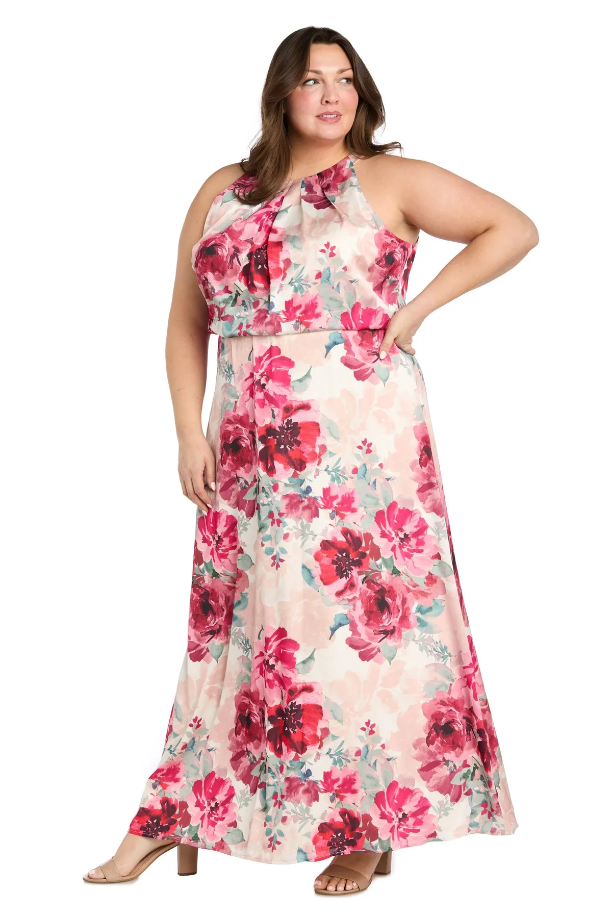 Cream Rose Floral High Halter Neck Long Dress with Elastic Waistband - Plus sold by R&M Richards product image thumbnail 4