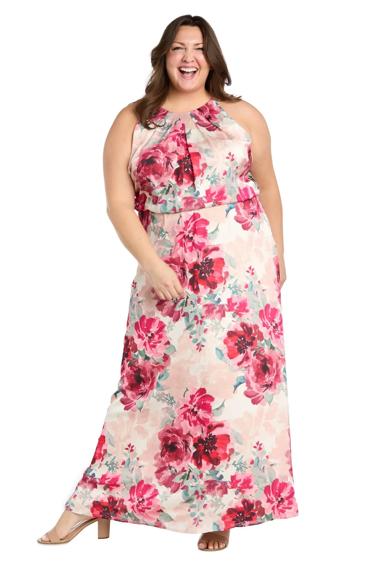 Cream Rose Floral High Halter Neck Long Dress with Elastic Waistband - Plus sold by R&M Richards