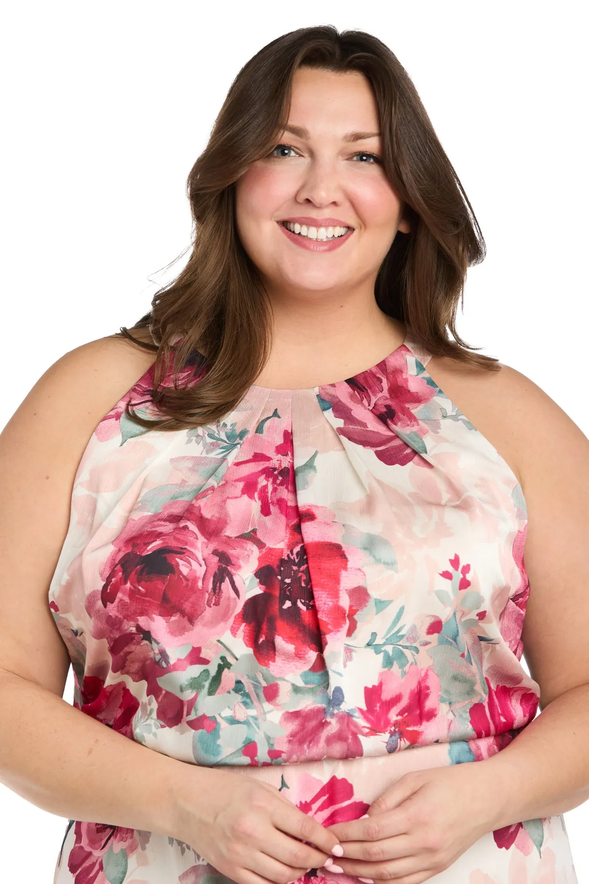 Cream Rose Floral High Halter Neck Long Dress with Elastic Waistband - Plus sold by R&M Richards product image thumbnail 3