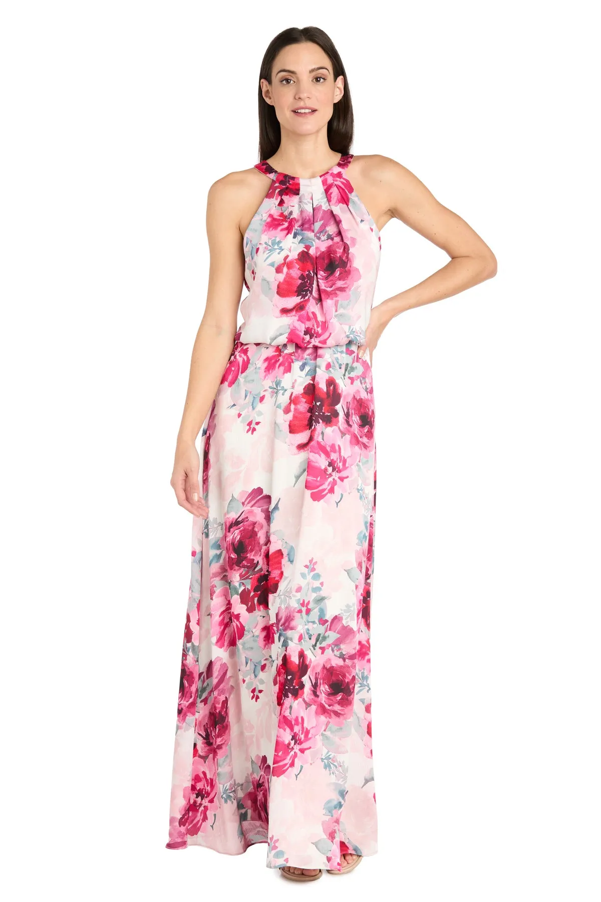 Cream Rose Floral High Halter Neck Long Dress with Elastic Waistband sold by R&M Richards