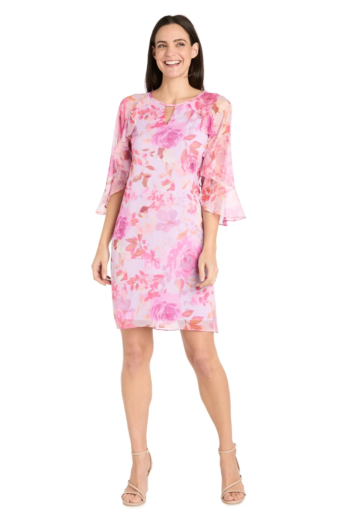 Lavender Rose Floral Chiffon Spring Dress with Ruffle Sleeves sold by R&M Richards