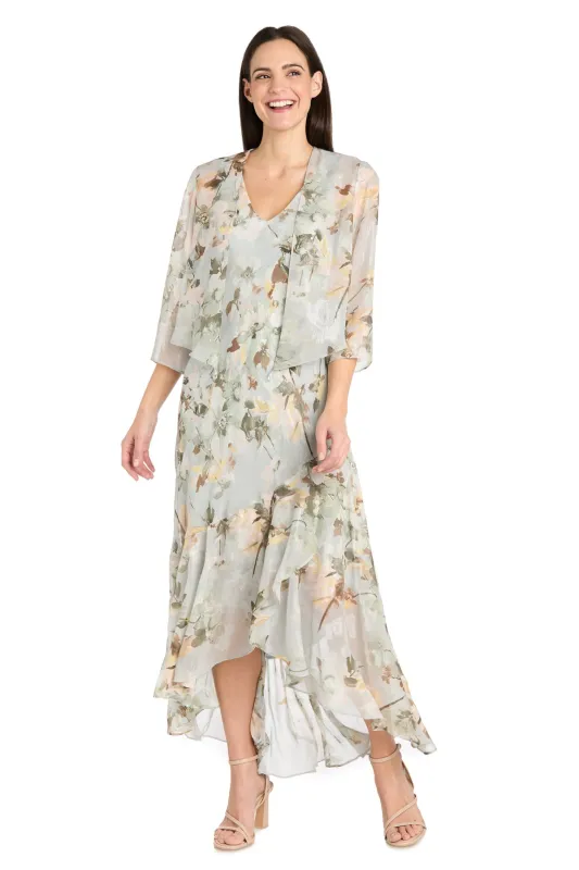 Celadon Printed Chiffon Spring Dress with Detachable Jacket and High-Low Skirt sold by R&M Richards