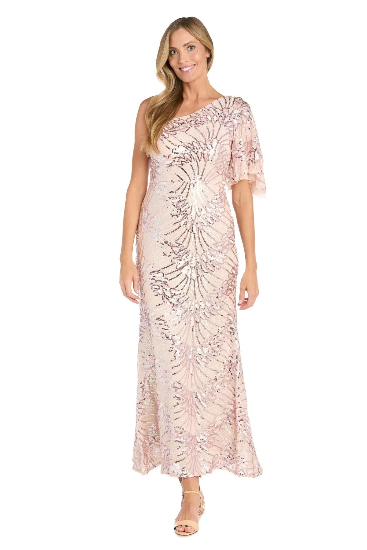 One-Shoulder Sequin Long Dress with Flutter Sleeve sold by R&M Richards
