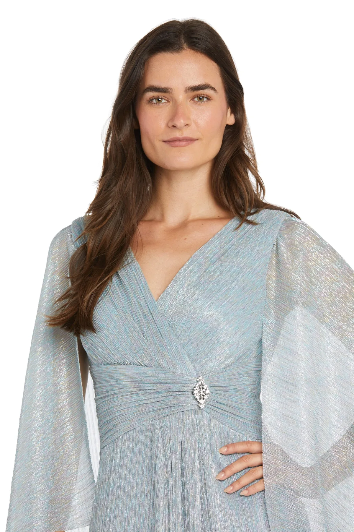 Metallic Chiffon Long Dress with Sheer Cape and Silver Pendant Waist Detail sold by R&M Richards product image thumbnail 3