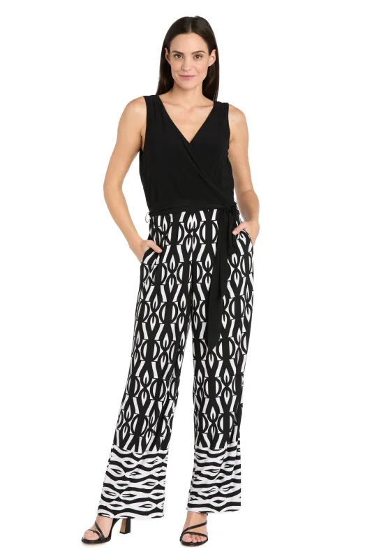 Versatile Tie-Wrap Waist Jumpsuit with Patterned Pants - Petite sold by R&M Richards