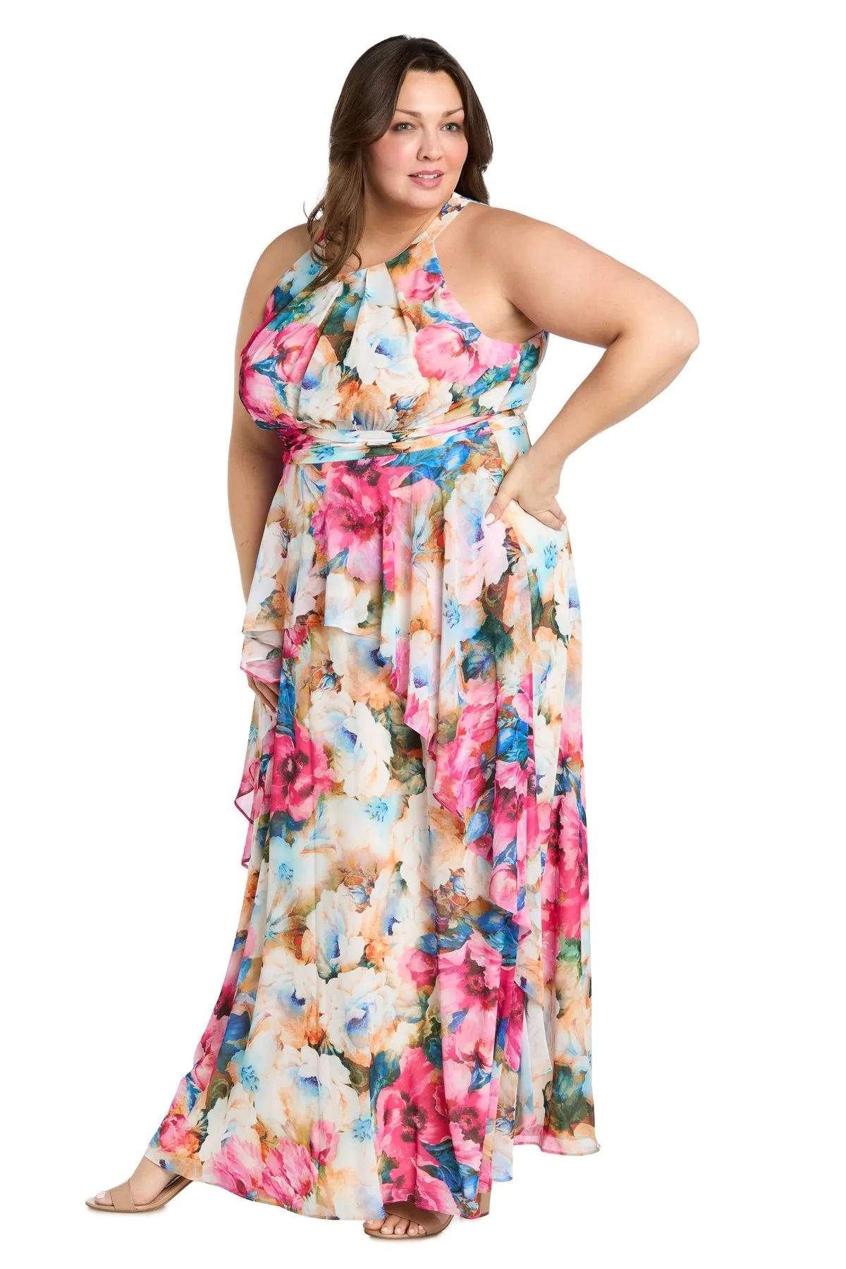 Watercolor Floral Chiffon Dress with Ruffled Skirt and High Neck - Plus sold by R&M Richards product image thumbnail 4