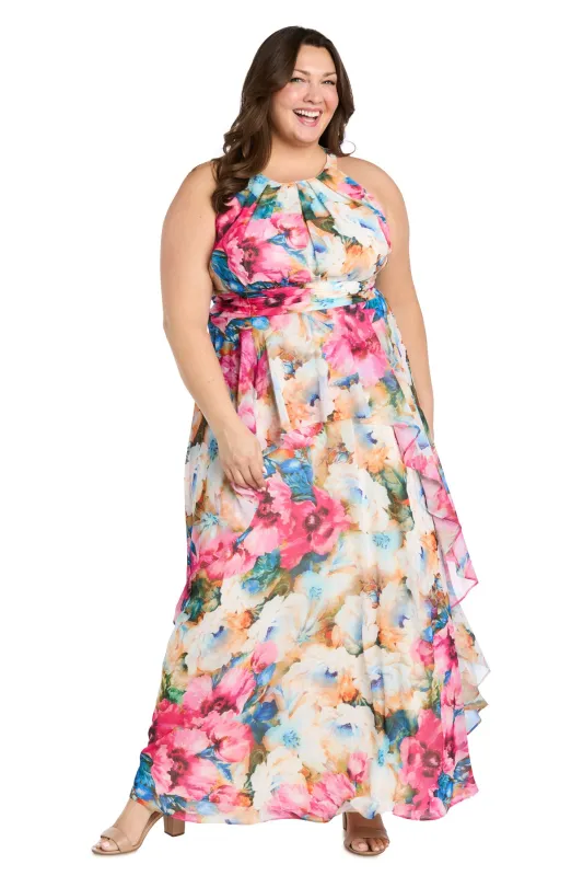 Watercolor Floral Chiffon Dress with Ruffled Skirt and High Neck - Plus sold by R&M Richards