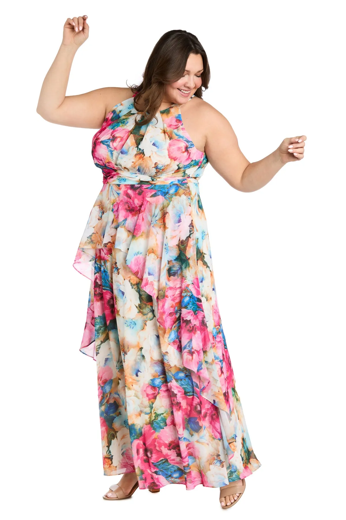Watercolor Floral Chiffon Dress with Ruffled Skirt and High Neck - Plus sold by R&M Richards product image thumbnail 5