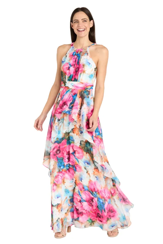 Watercolor Floral Chiffon Dress with Ruffled Skirt and High Neck - Petite sold by R&M Richards