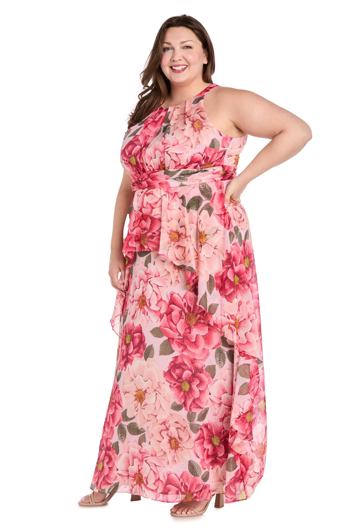 Long Printed Floral Dress with Halter Neckline and Ruffle Skirt - Plus sold by R&M Richards product image thumbnail 4
