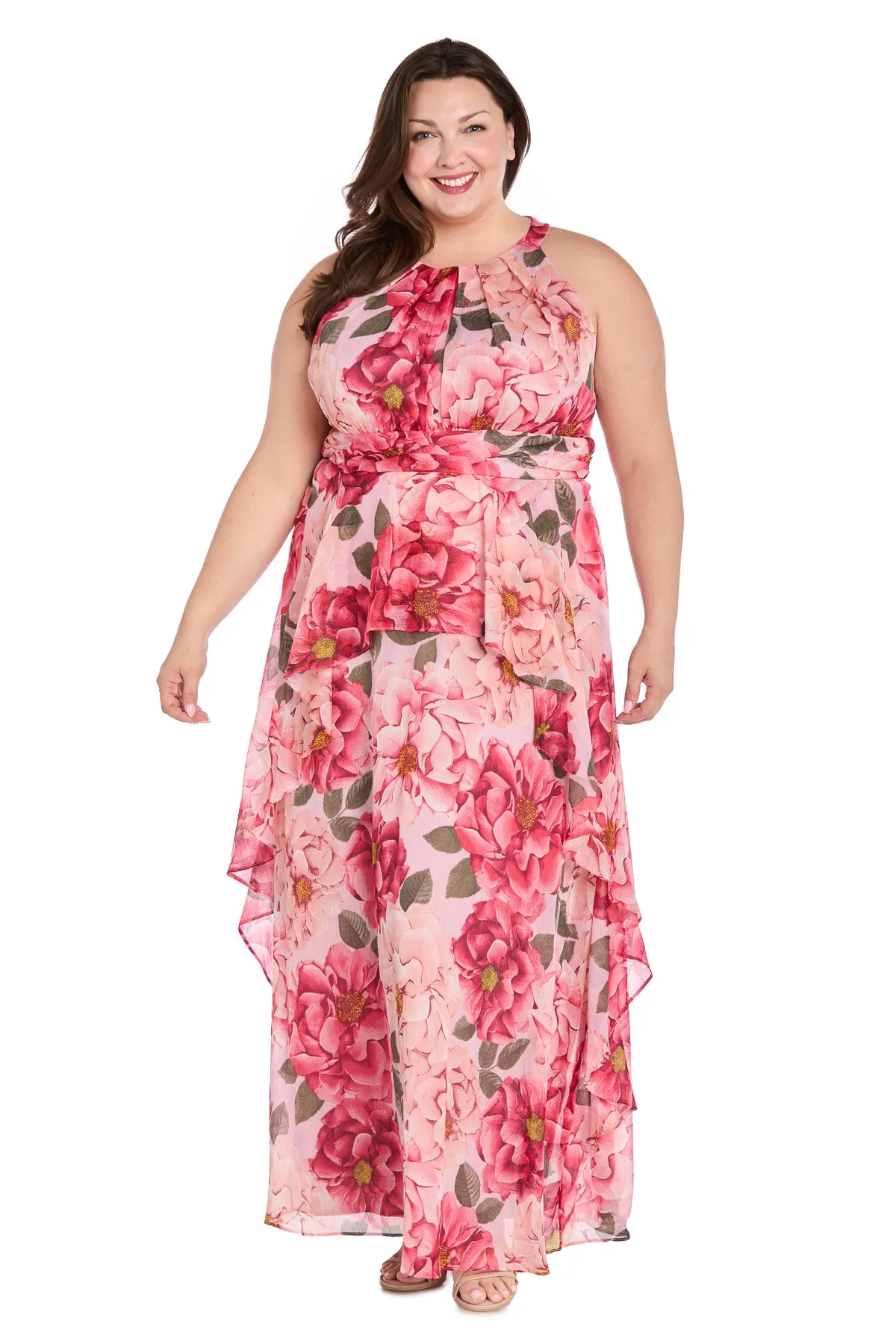 Long Printed Floral Dress with Halter Neckline and Ruffle Skirt - Plus sold by R&M Richards