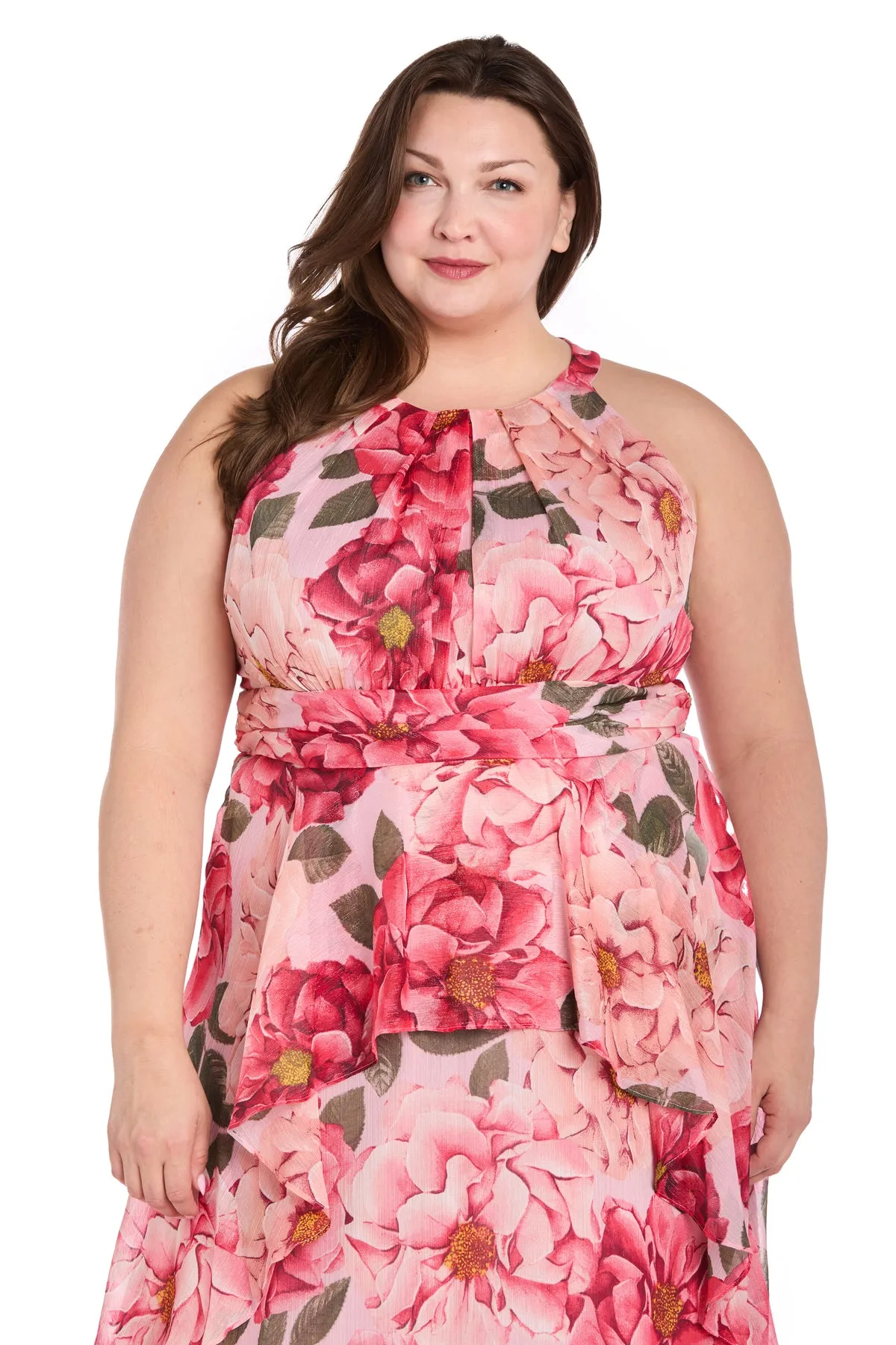 Long Printed Floral Dress with Halter Neckline and Ruffle Skirt - Plus sold by R&M Richards product image thumbnail 3