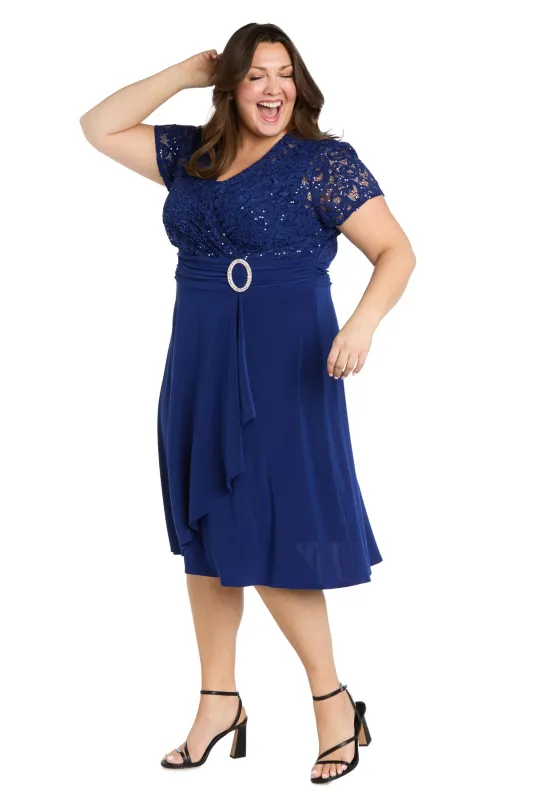 Faux Wrap Dress with Waist Embellishment and Lace Top - Plus sold by R&M Richards